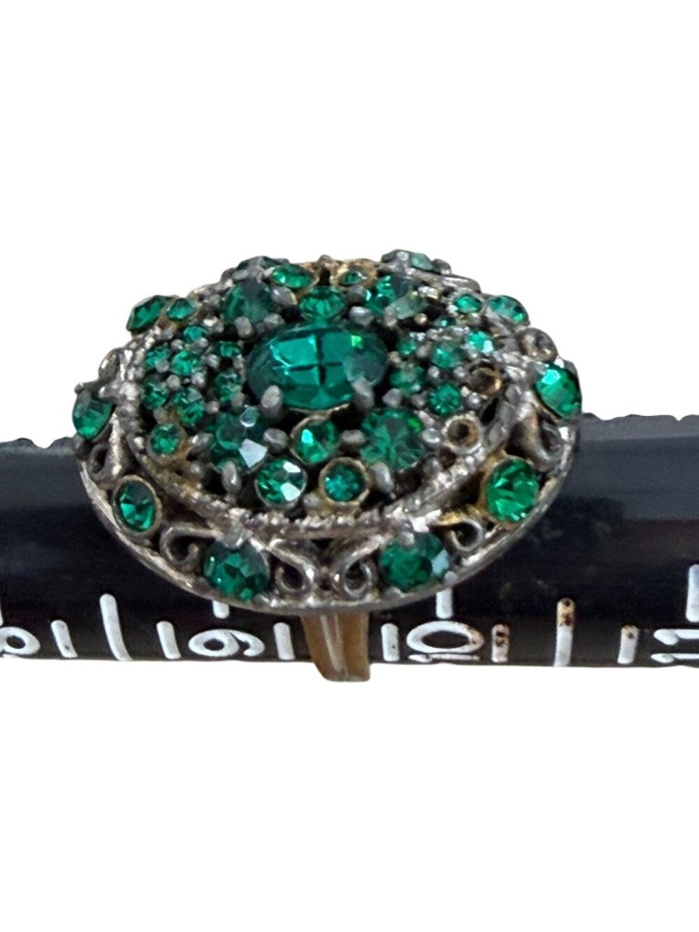 Vintage Statement Signed Hollycraft Adjustable Size Green Rhinestone Ring  READ - Picture 5 of 6